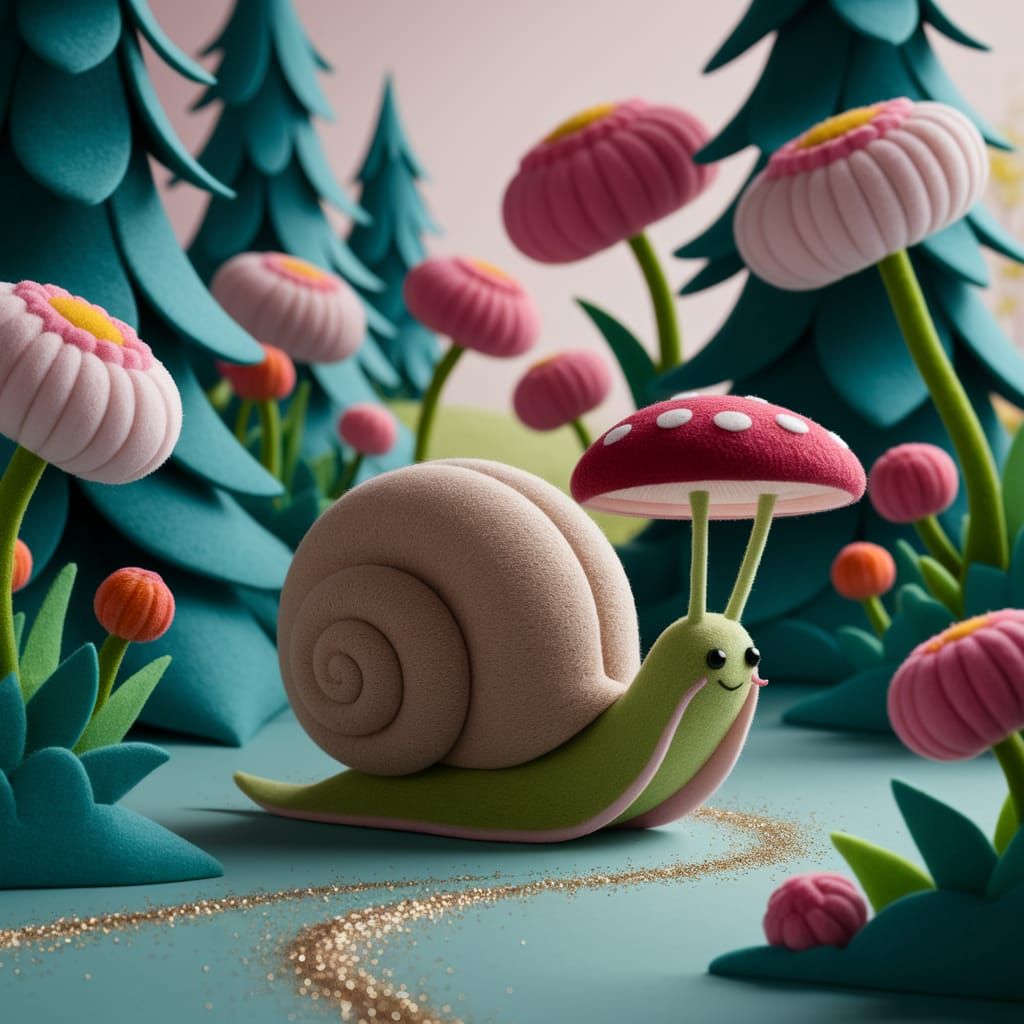 Giant Felt Snail in Whimsical Forest