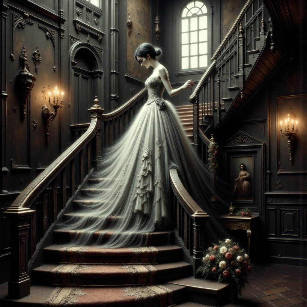 Ethereal Victorian Ghost Ascends Grand Staircase