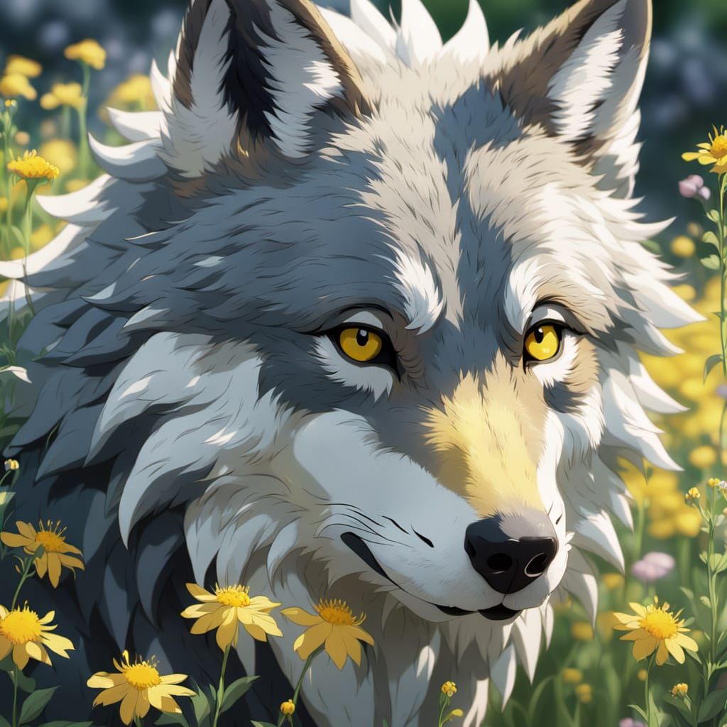 Anime Wolf Portrait with Wildflowers, Studio Ghibli Style
