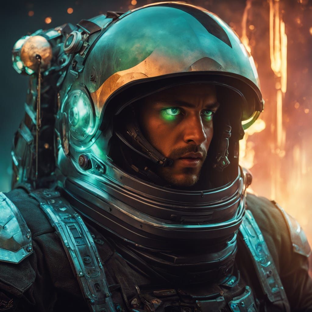 Cyberpunk Astronaut in Emerald Eyes