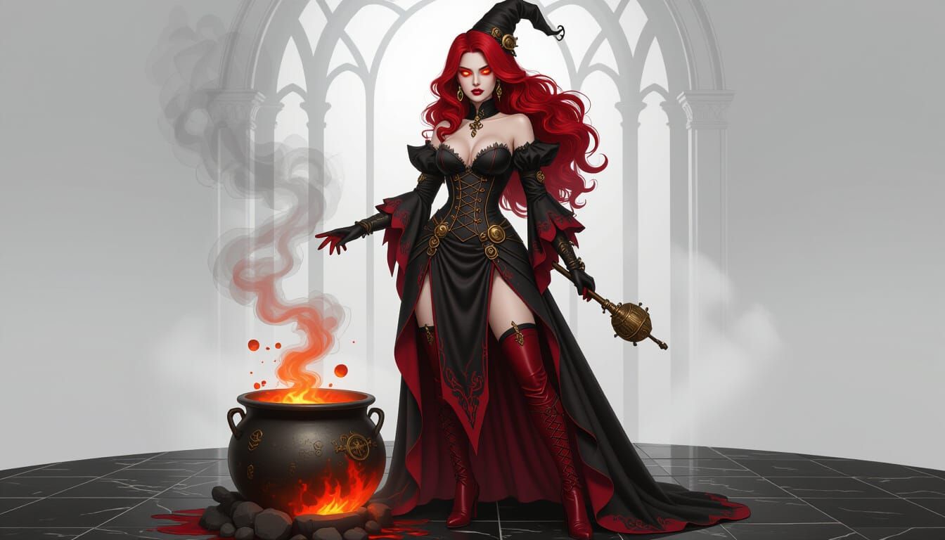 Gothic Steampunk Witch With Red Hair And Glowing Eyes