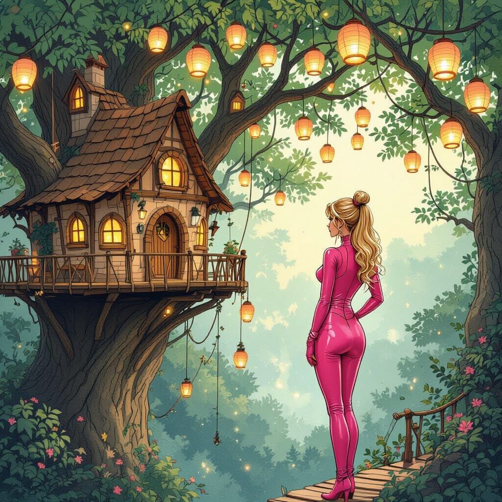 Treehouse Village with Woman in Pink Latex Outfit