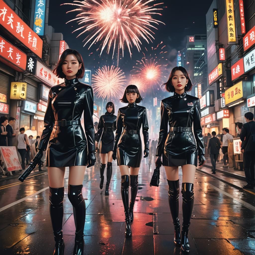 Japanese Women in Black Latex Suits, Hyperrealistic Concept ...