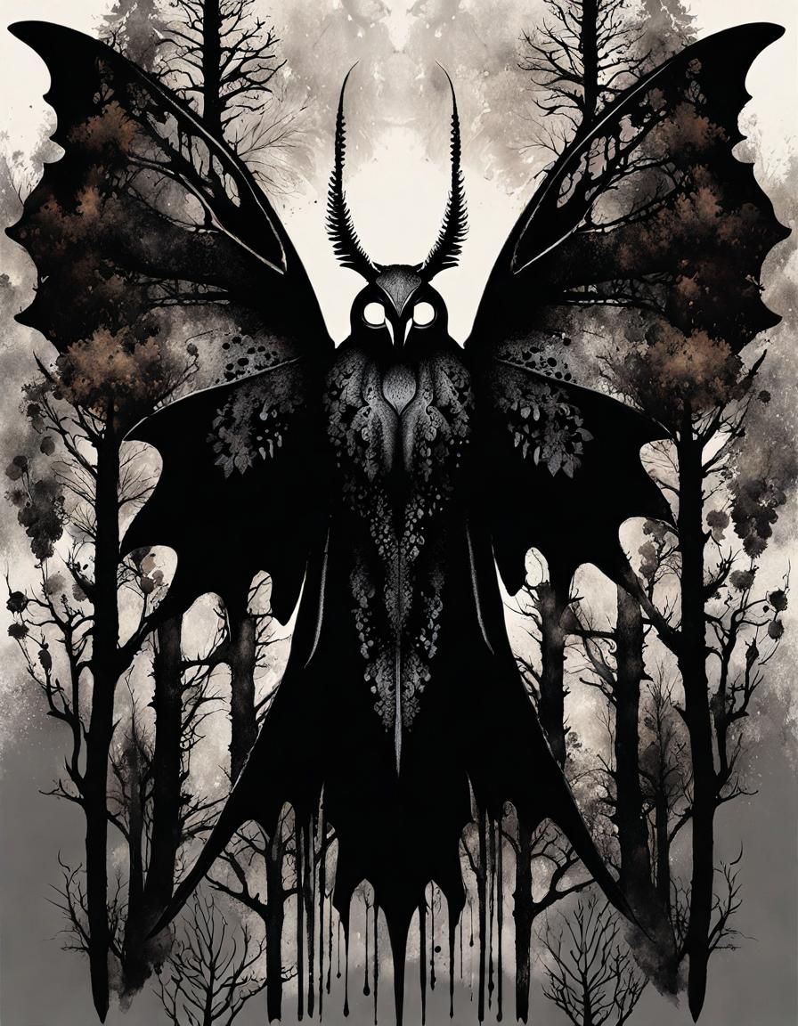 Mothman Portrait in Inkblot Double Exposure Style