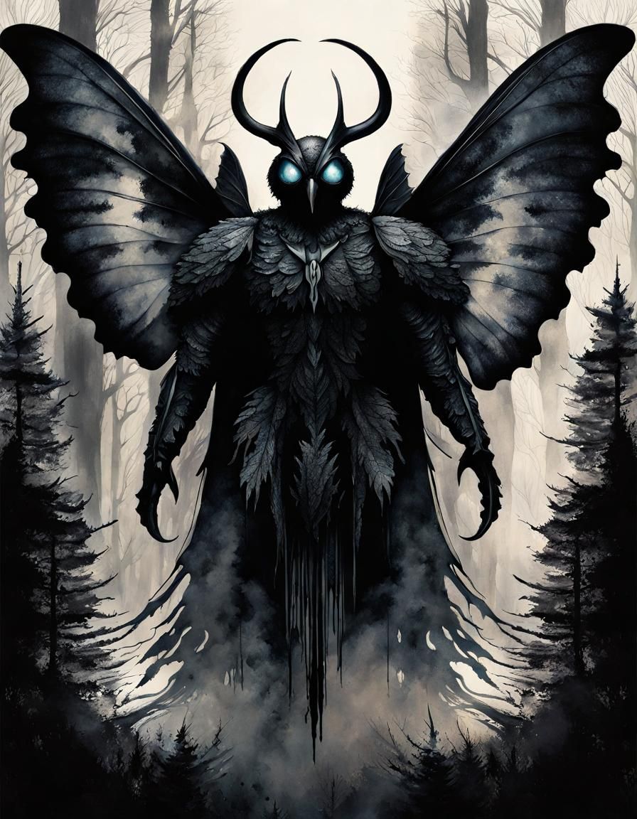 Mothman Portrait in Ink with Double Exposure