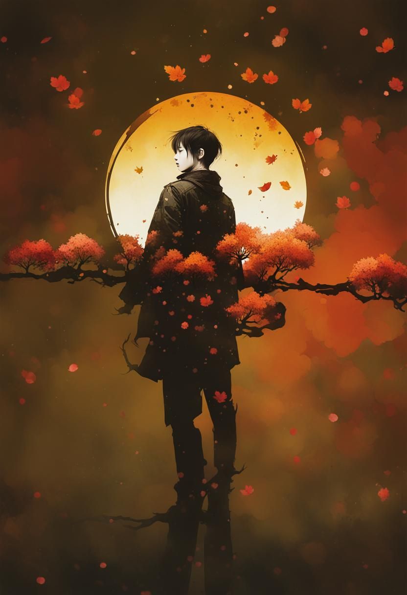 Double Exposure Portrait: Cherry Blossoms Meet Autumn Forest