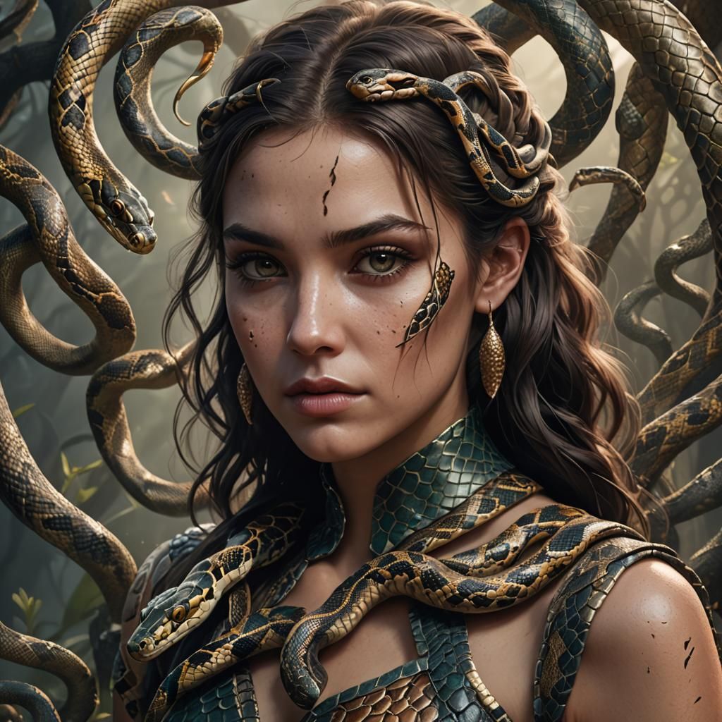 Hyperrealistic Portrait of Girl with Snakeskin