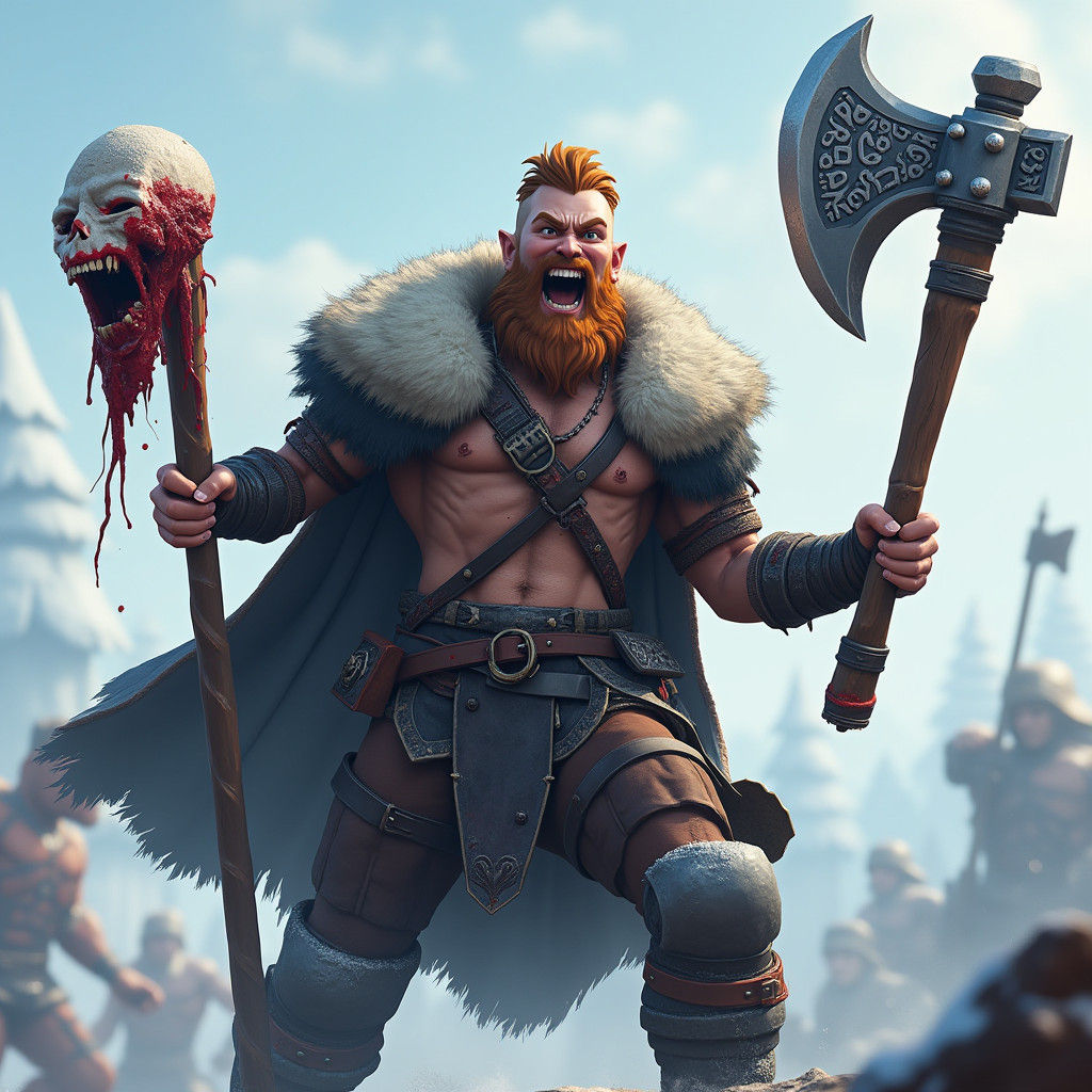 Viking Warrior with Severed Head in 3D Anime Style