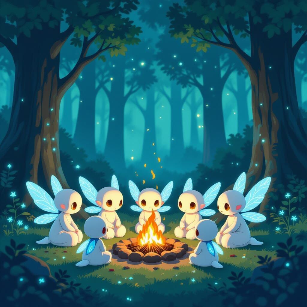 Forest Spirits Campfire in Anime Style