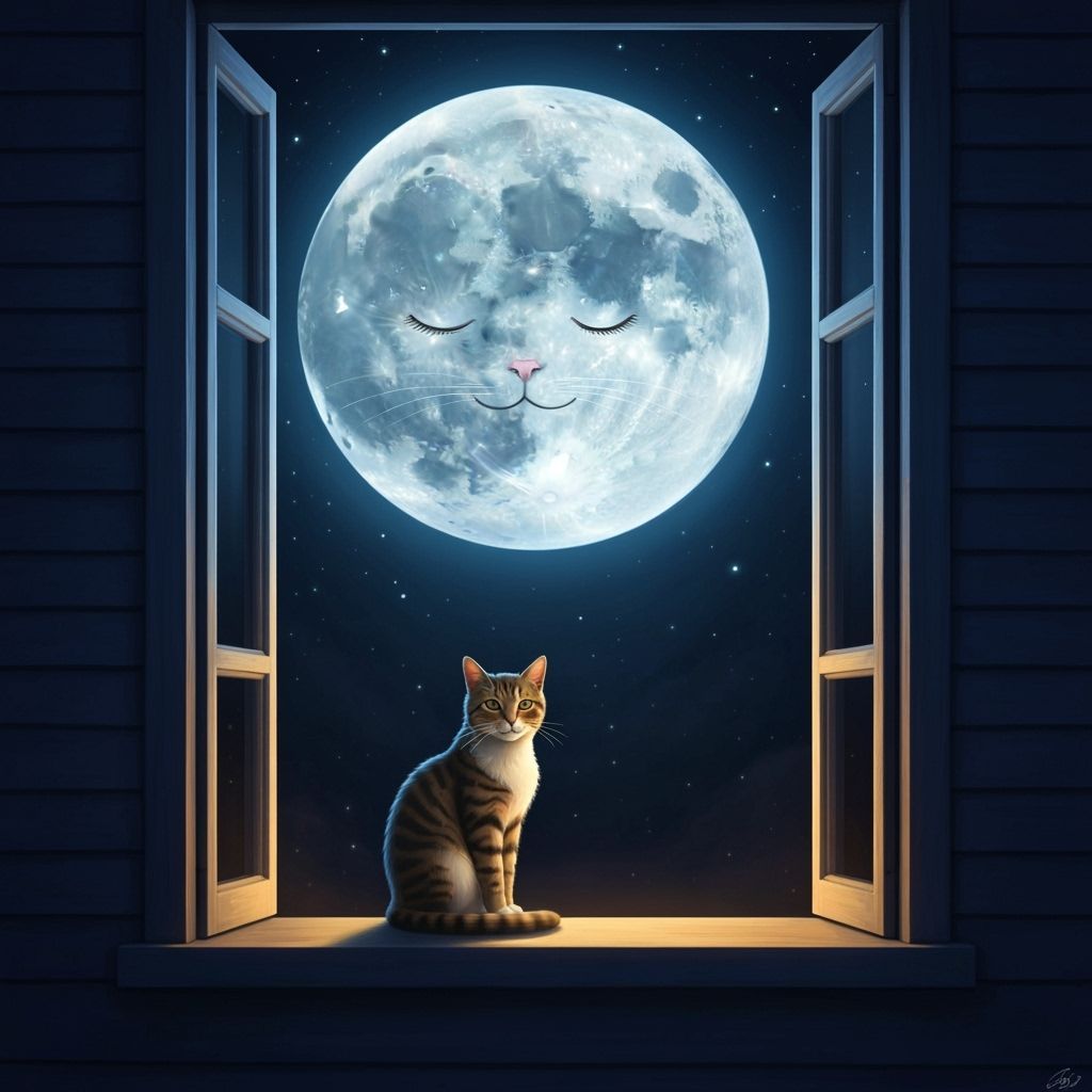 Cat Moon Over Cozy Window Scene