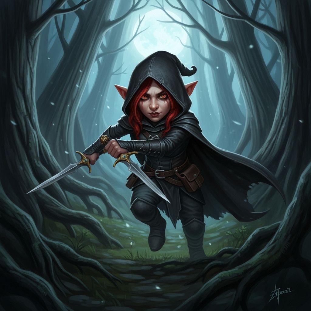 Gnome Assassin in Moonlit Forest, Dark Fantasy Art