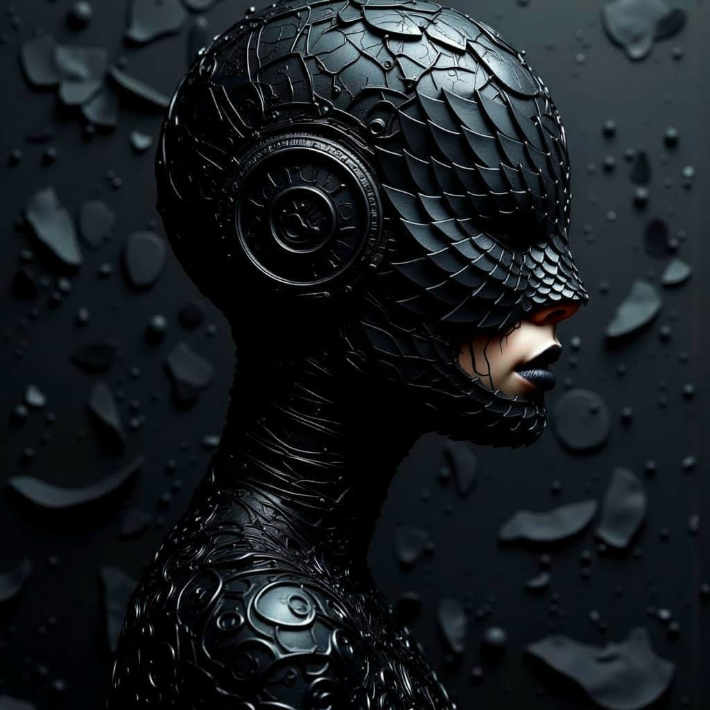 Gothic Woman in Obsidian Armour on Smoky Background