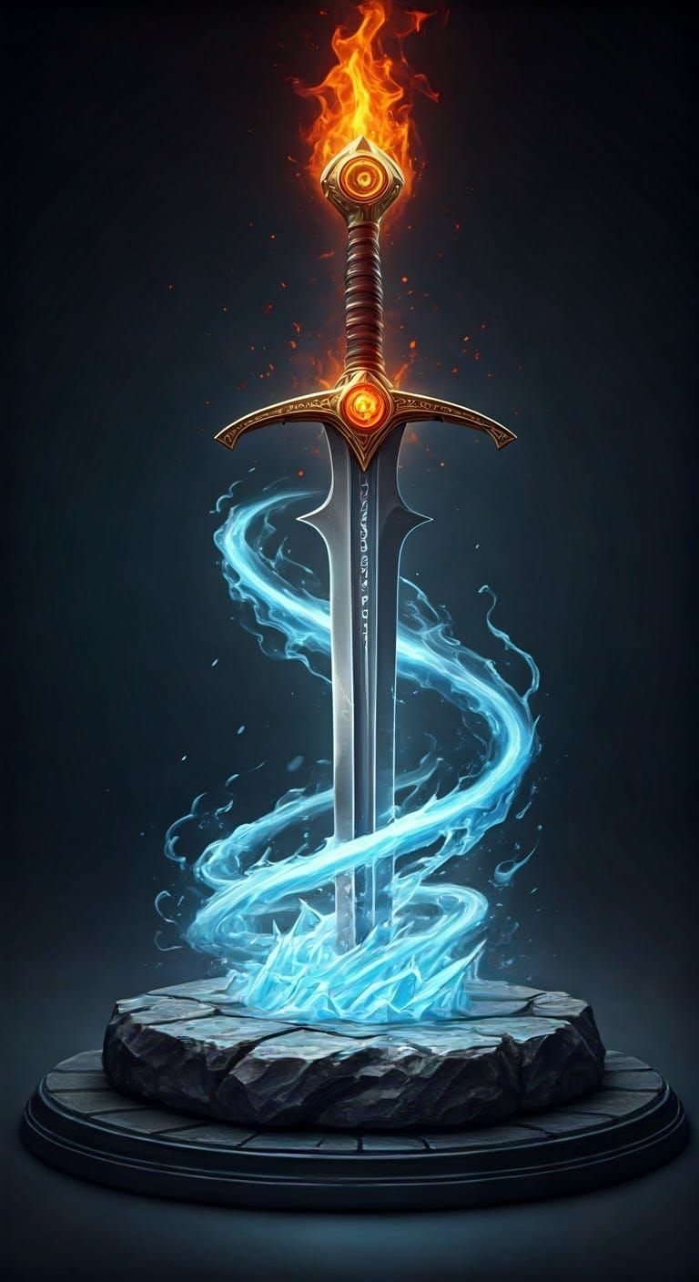 Fantasy Elemental Sword with Fiery Pommel and Icy Blade