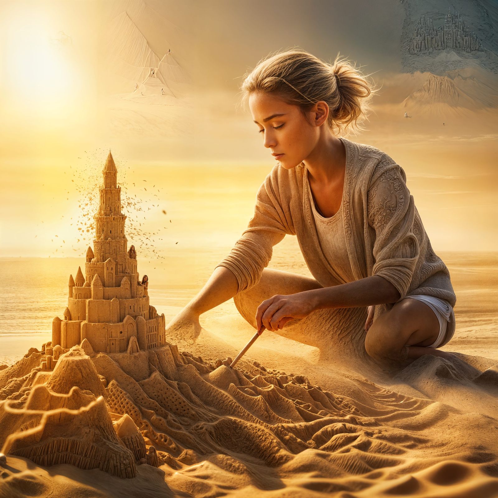 Hyperrealistic Young Woman Builds Sandcastle Masterpiece