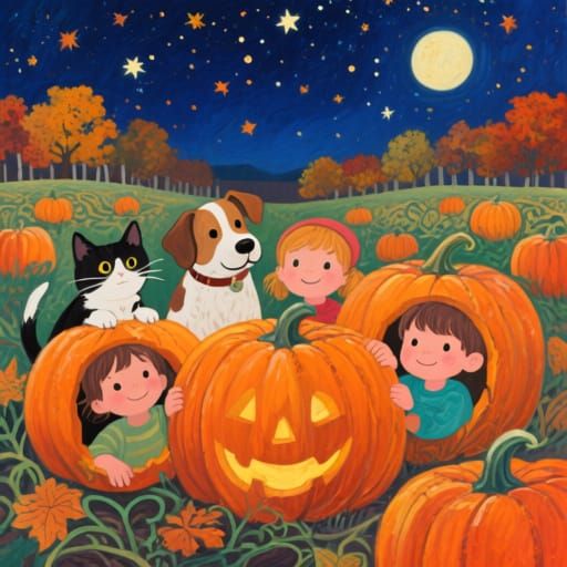 Pumpkin patch under starlit October night sky, cats, dogs, a...