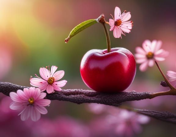 Hyperrealistic Cherries on the Tree with Bokeh