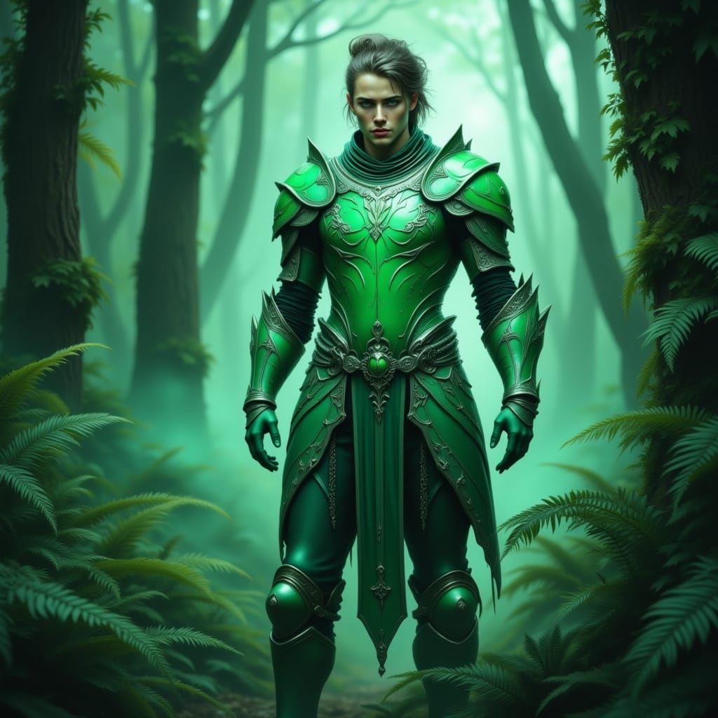 Futuristic Knight in Jade Armor in Lush Forest