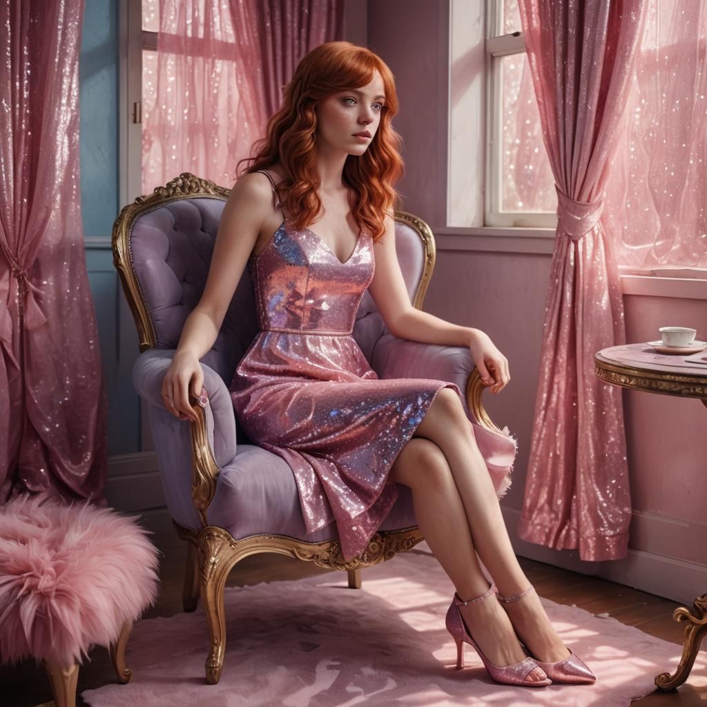 Red-Haired Woman in Pink Dress, Digital Art
