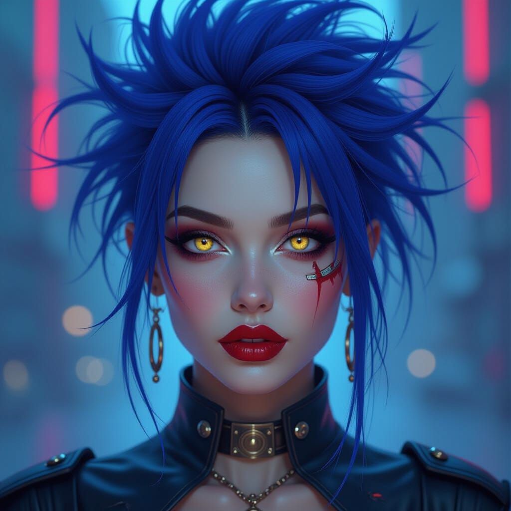 Woman with Metallic Blue Hair in Dreamlike Scene