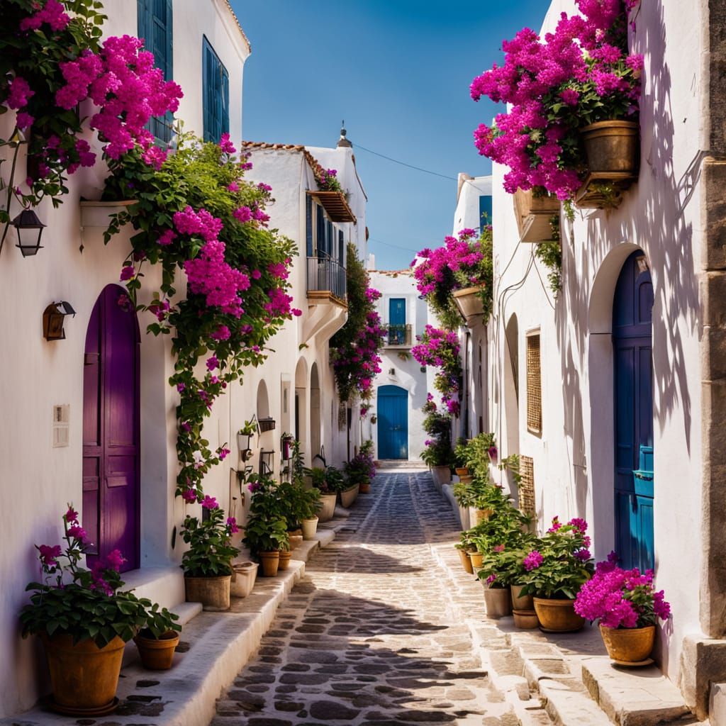 Mediterranean Cobblestone Street Scene in Vibrant Colors
