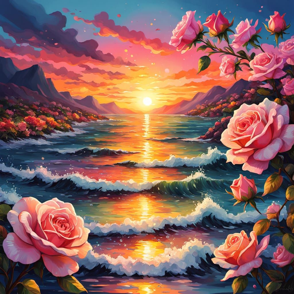 Chiaroscuro Sunset Over Sparkling Sea with Blossoms