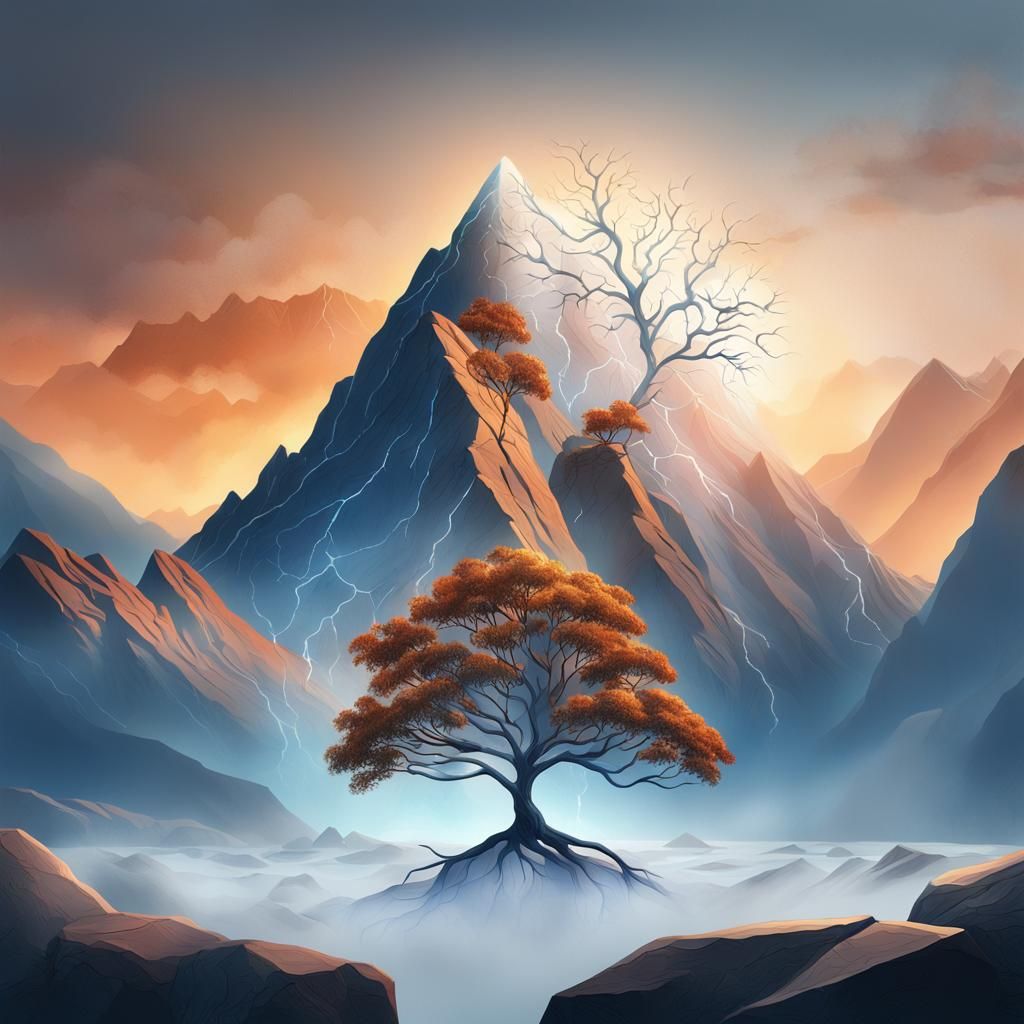 Resilient Tree on Mountain in Digital Matte Painting