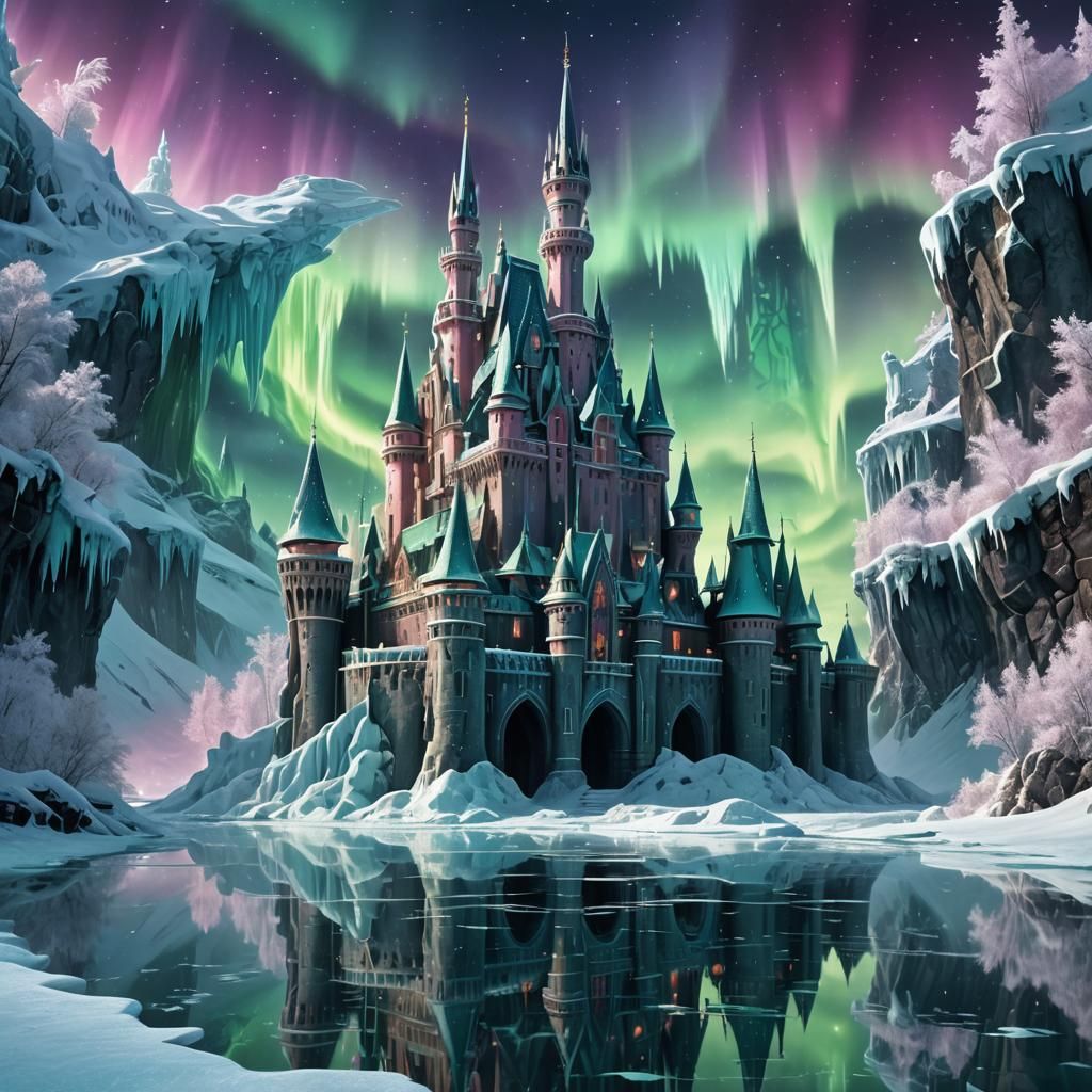 Mystical Ice Castle with Northern Lights, Digital Painting