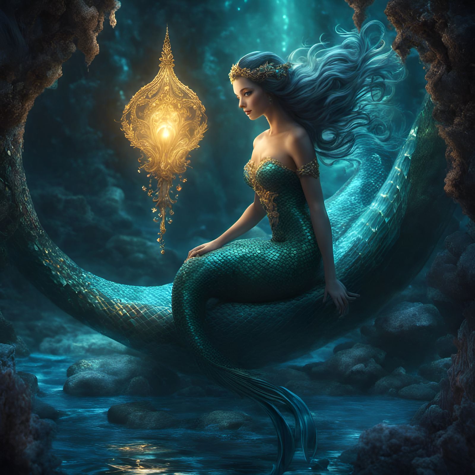 Ethereal Mermaid with Glowing Tail in Gothic Art