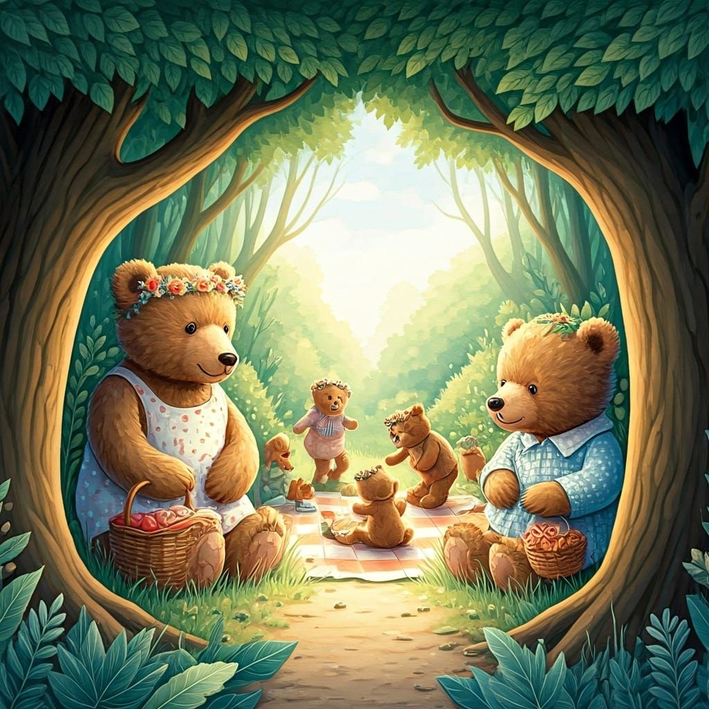 Teddy Bears' Picnic in Watercolor Woodland