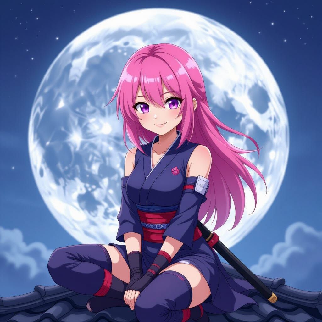 Pink Haired Ninja Under Full Moon