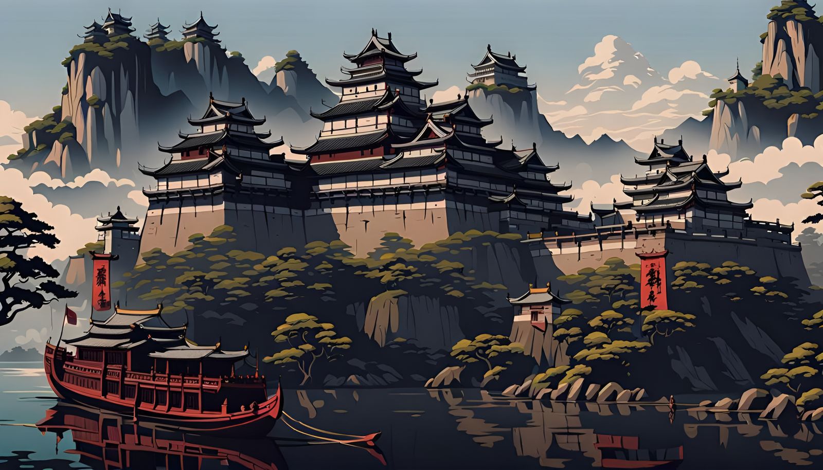Samurai Castle and Imperial Barge in Silkscreen Style