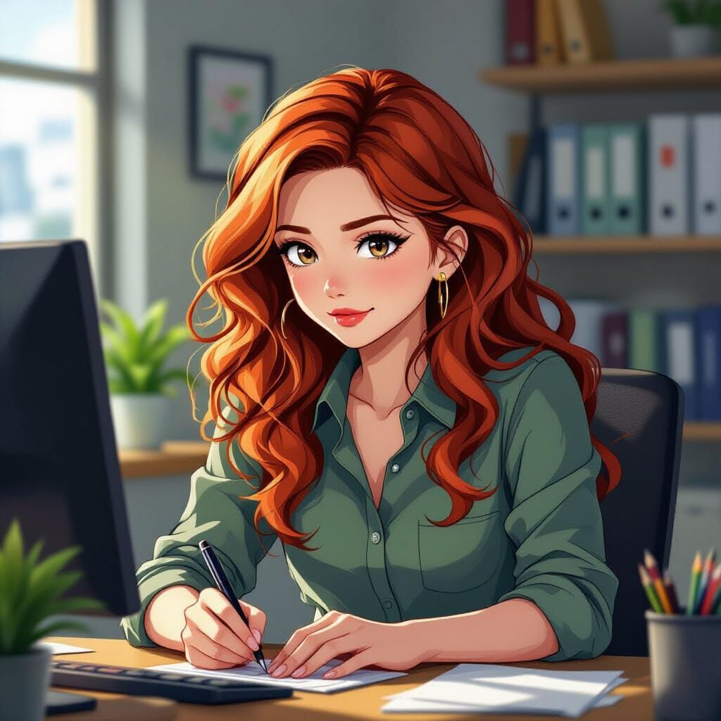 Anime Woman with Curly Red Hair at Work, Studio Trigger Styl...