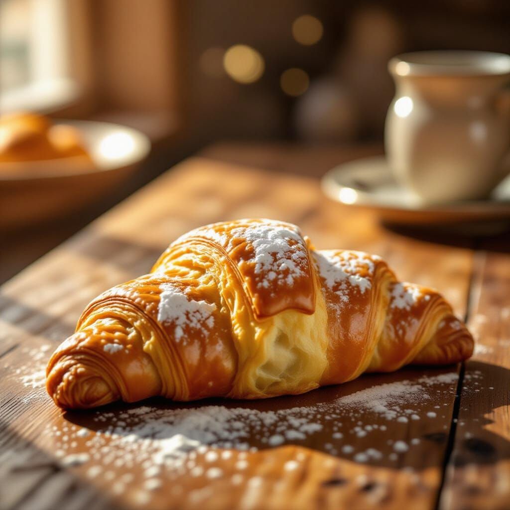 Golden Croissant on Rustic Table in Morning Light