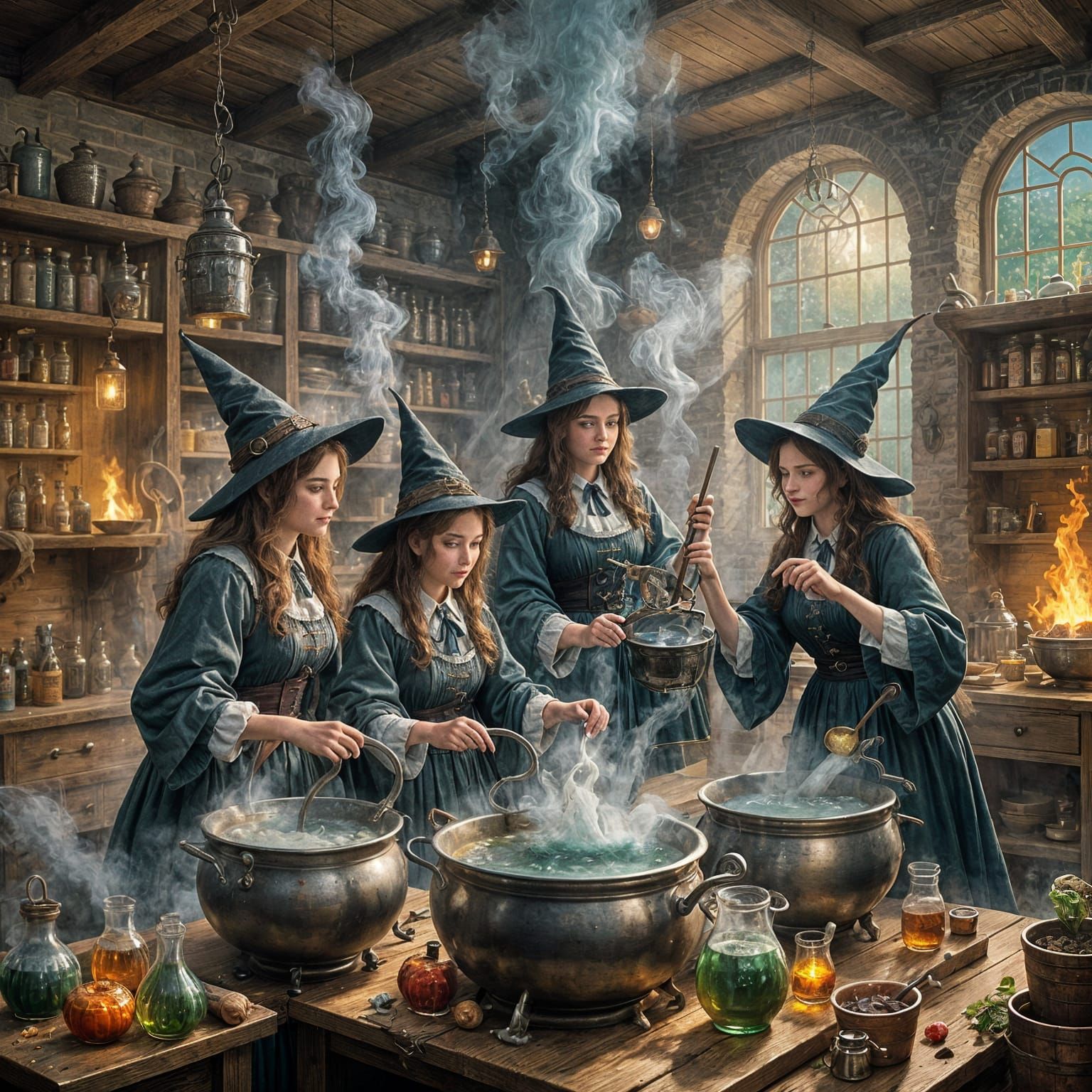 Illustration of four witches brewing potions in a school cla...