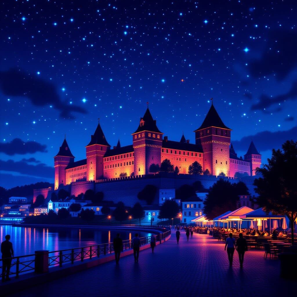 Vibrant Petrovaradin Fortress at Night with Neon Stars