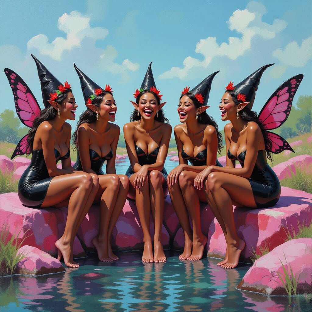 Mischievous Fairies Laughing on Pink Rocks
