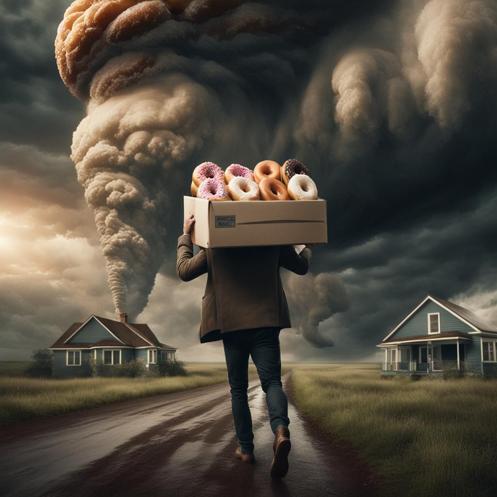A man carrying a box of donuts with a tornado