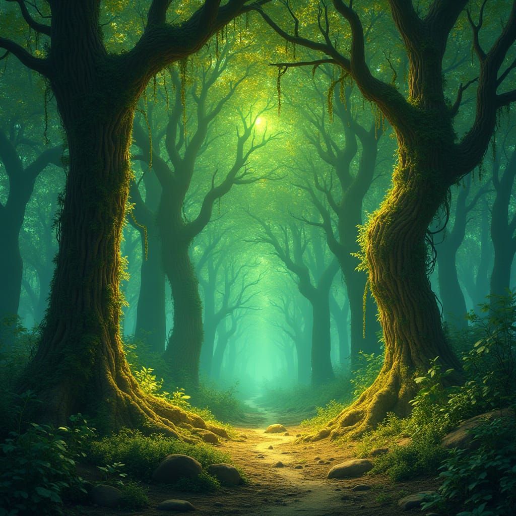 Enchanted Forest with Glowing Code Symbols