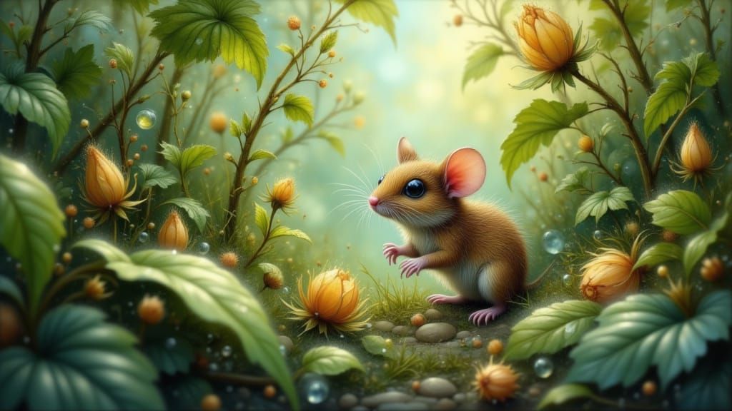 Tiny Mouse Explores Oversized Garden in Storybook Style