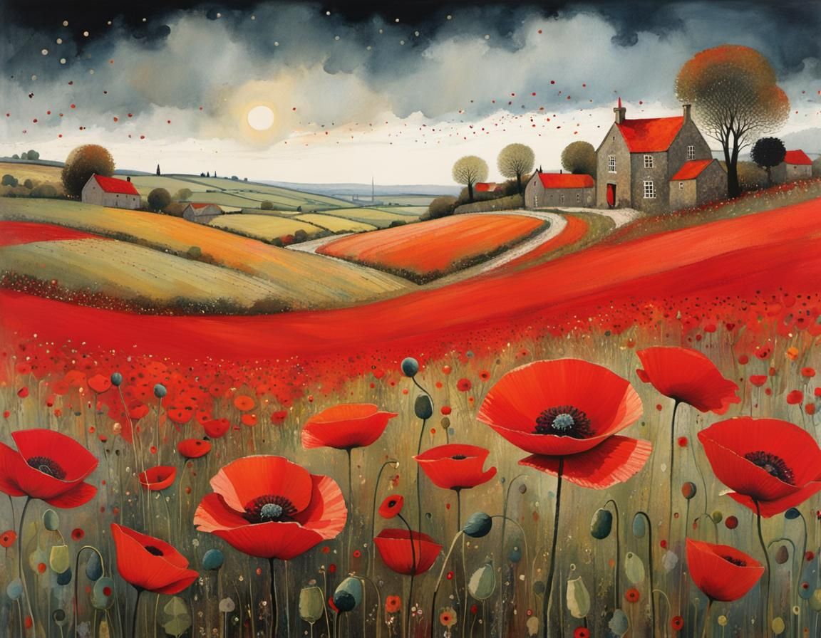 Magical Red Poppy Field Whimsical Illustration