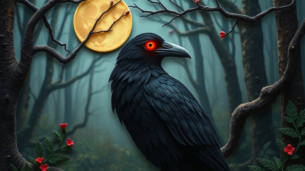 Mystical Felt Raven in Moonlit Forest