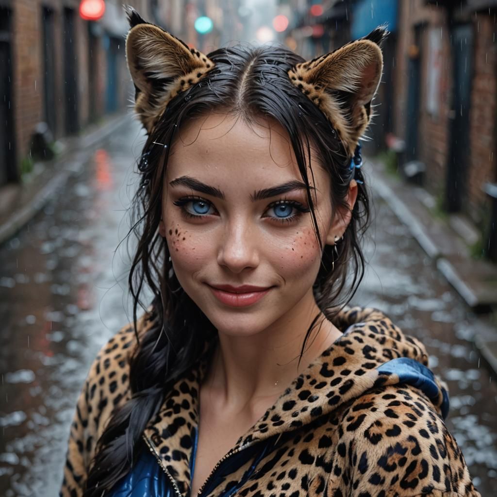 Beautiful Catgirl in Rainy Alley: 4K HD Portrait