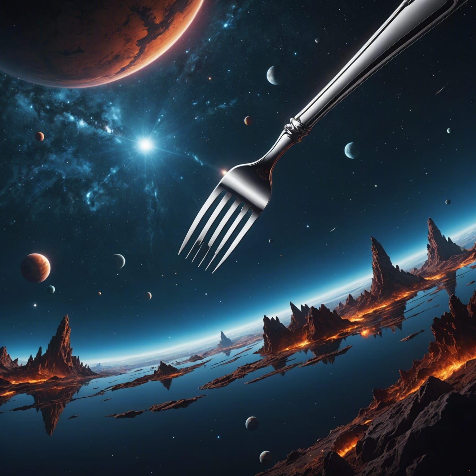 Fork Floating in Infinite Space: Detailed Matte Painting