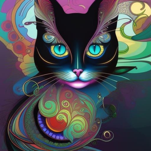 Psychedelic Vector Cat in Art Nouveau Style