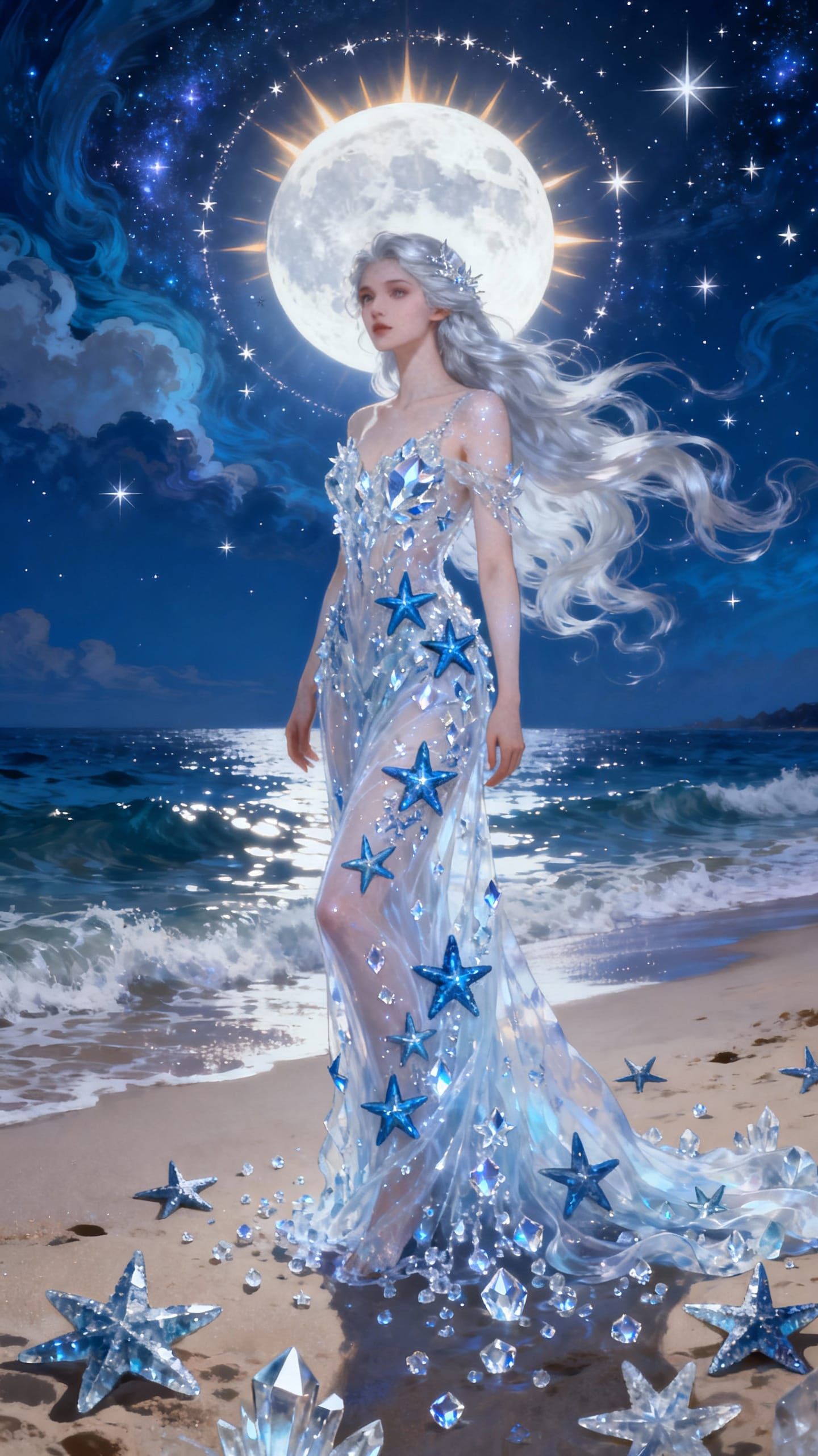 Celestial Winter Queen on Moonlit Beach Digital Painting