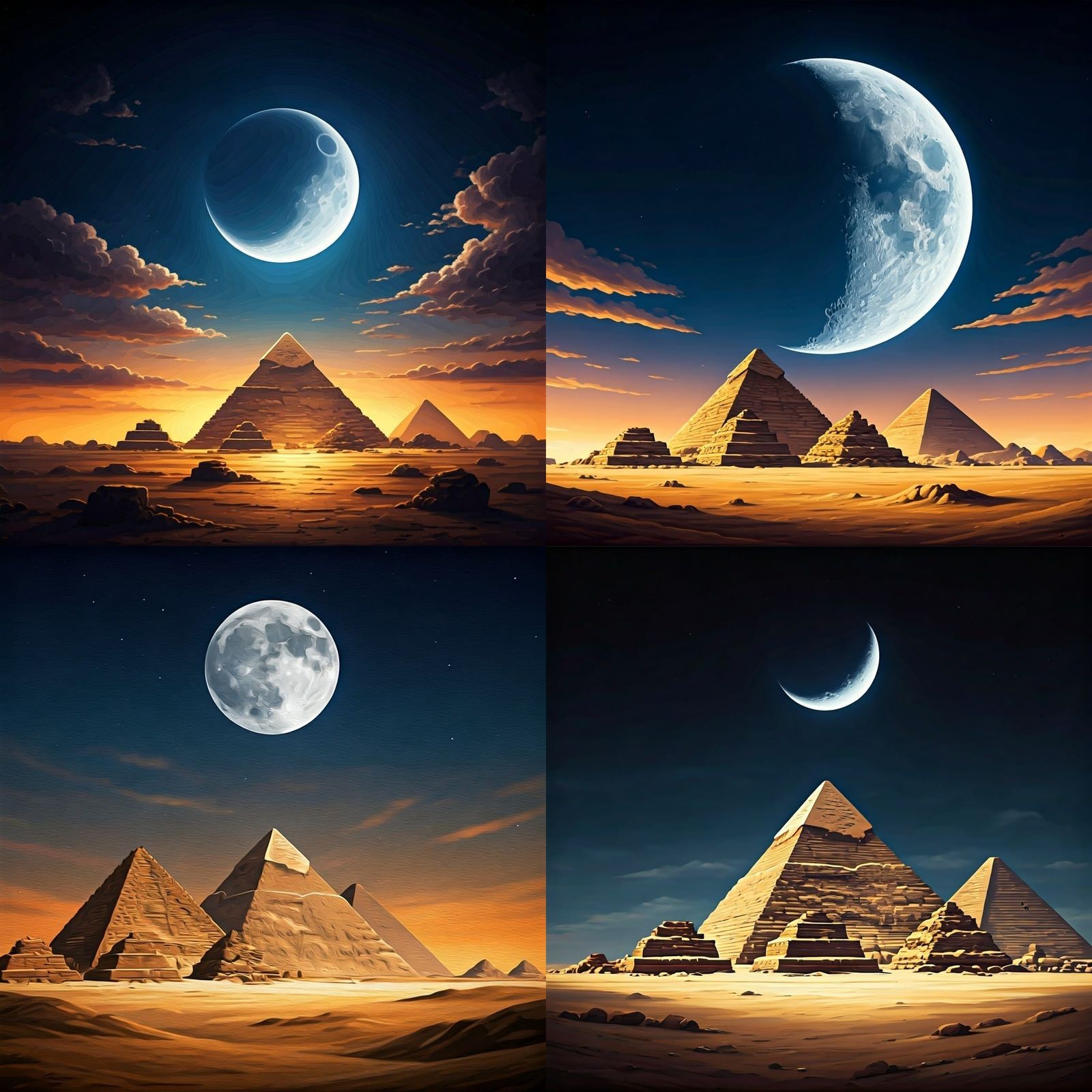 Moonlit Pyramids in Mysterious Nighttime Landscape
