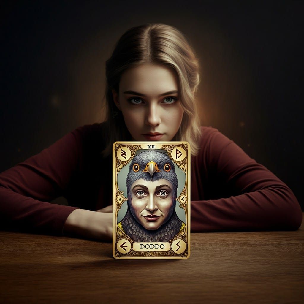 Tarot-fool-card on a wooden table:: 
Text“Doddo“

Nice golde...