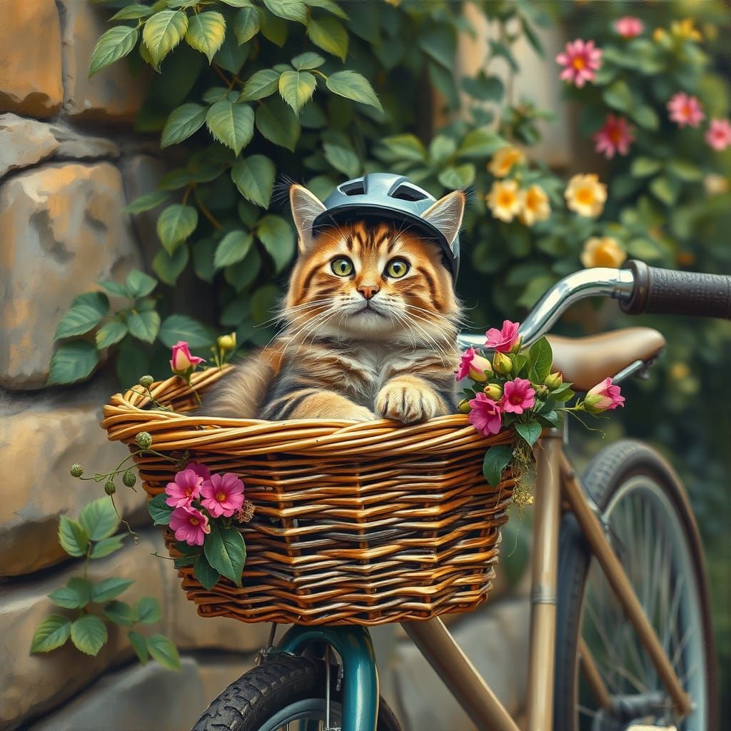 Feline Cyclist in Whimsical Wicker Basket