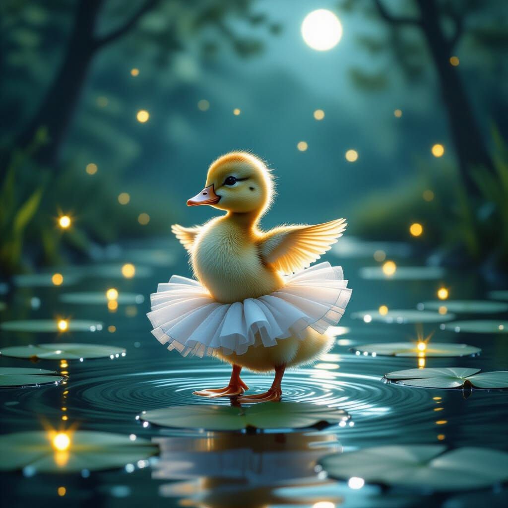 Duckling Ballerina Dances in Moonlit Pond