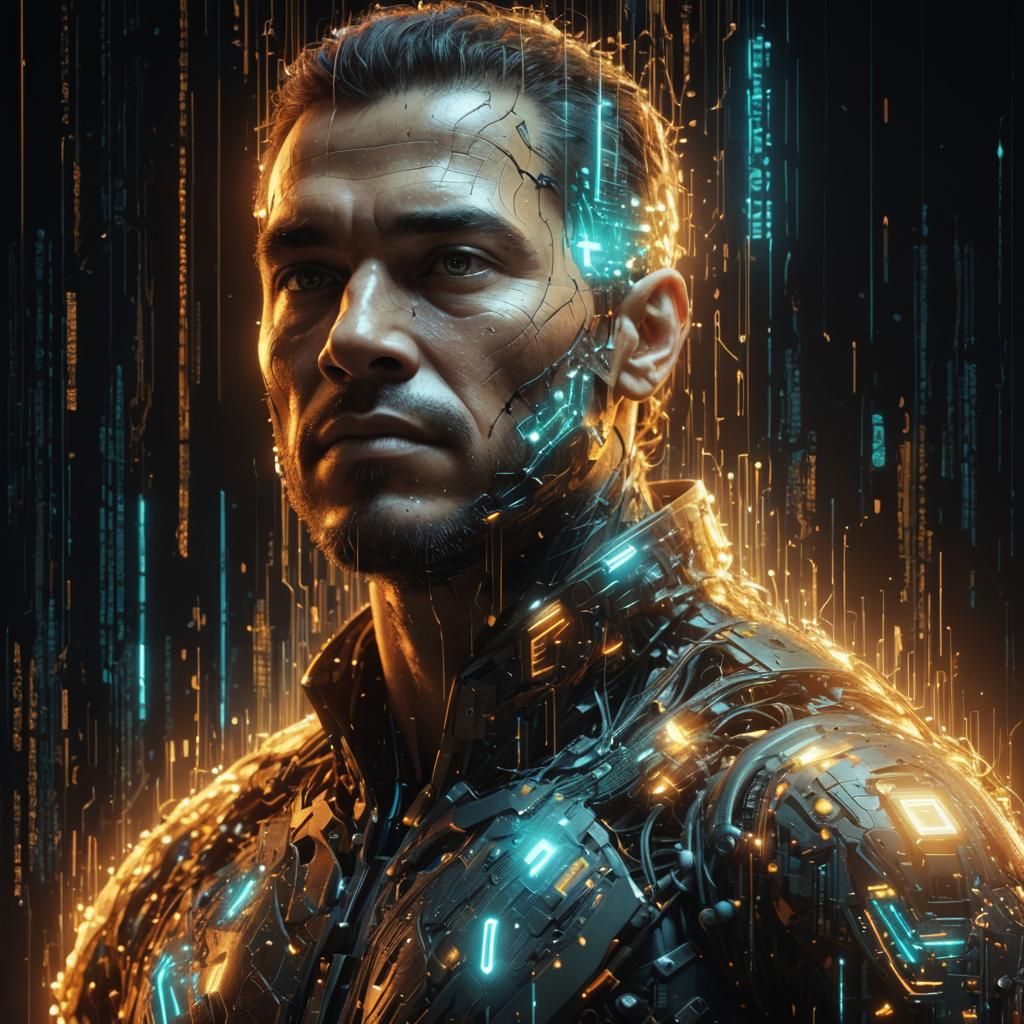 Bioluminescent AI Man in Cyberpunk Style